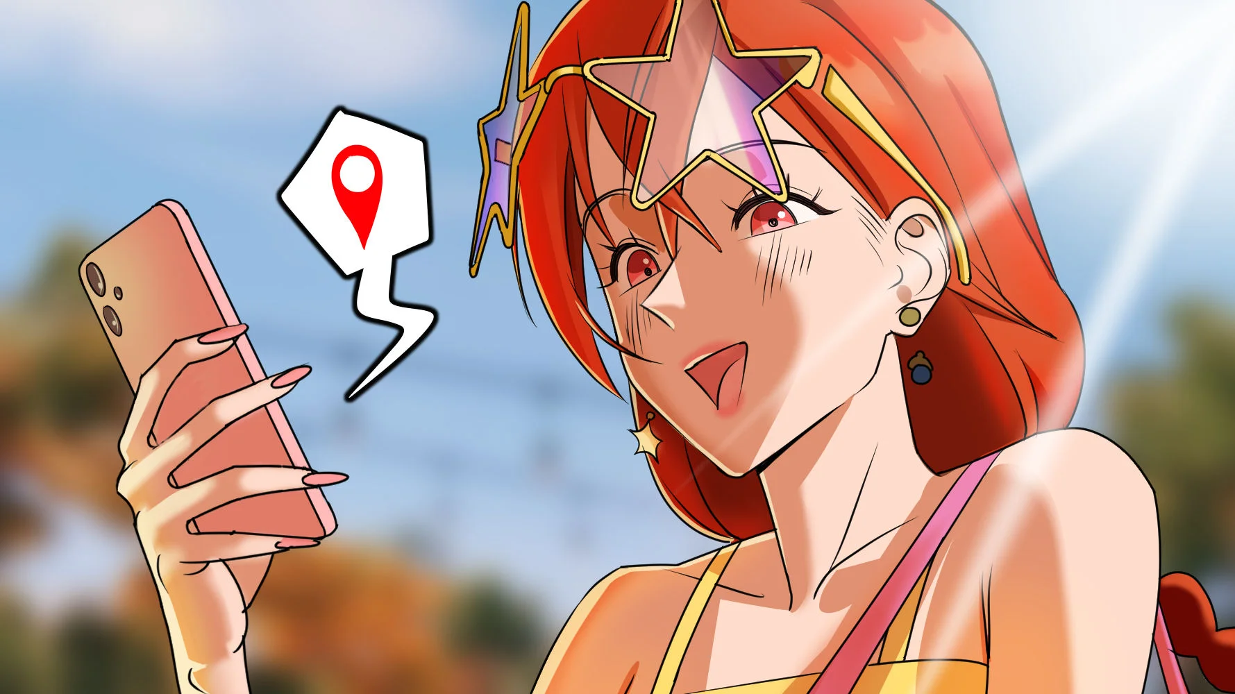 Illustration of a woman in star sunglasses checking a location pin on her phone