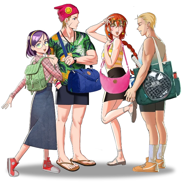 Four friends styled in colorful outfits carrying NIION bags