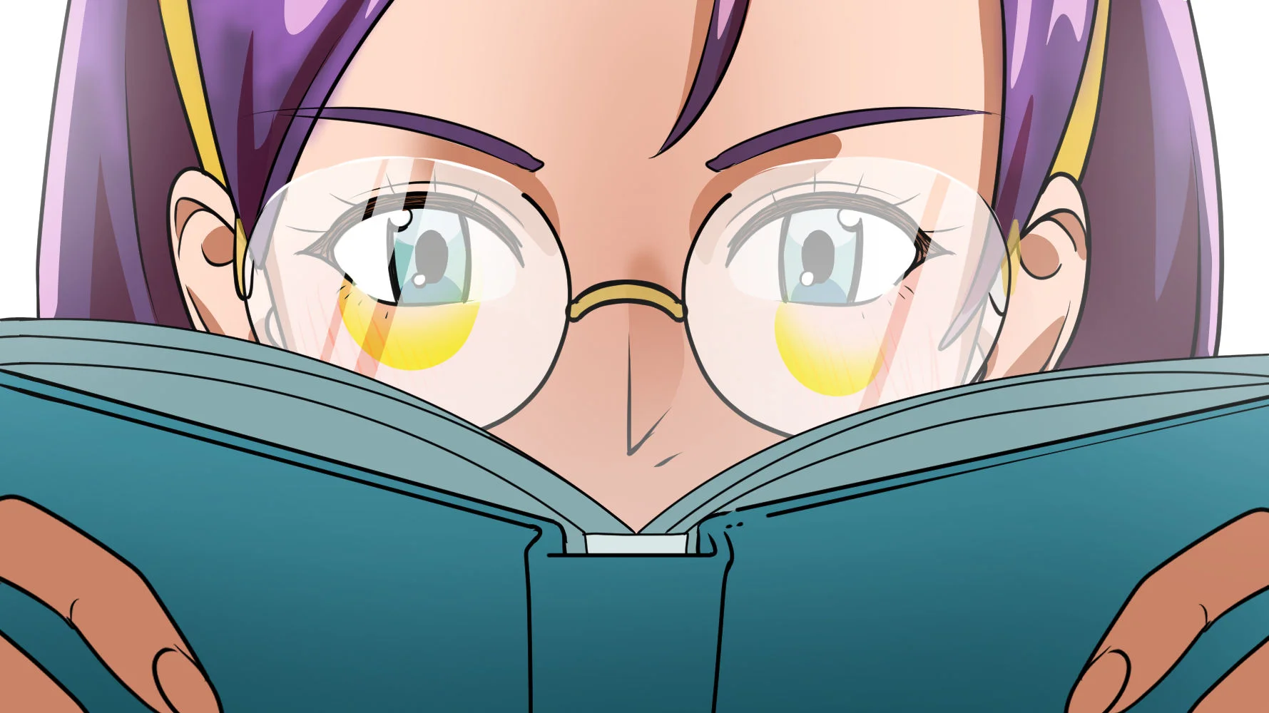 Illustration of a girl with glasses reading a book up close