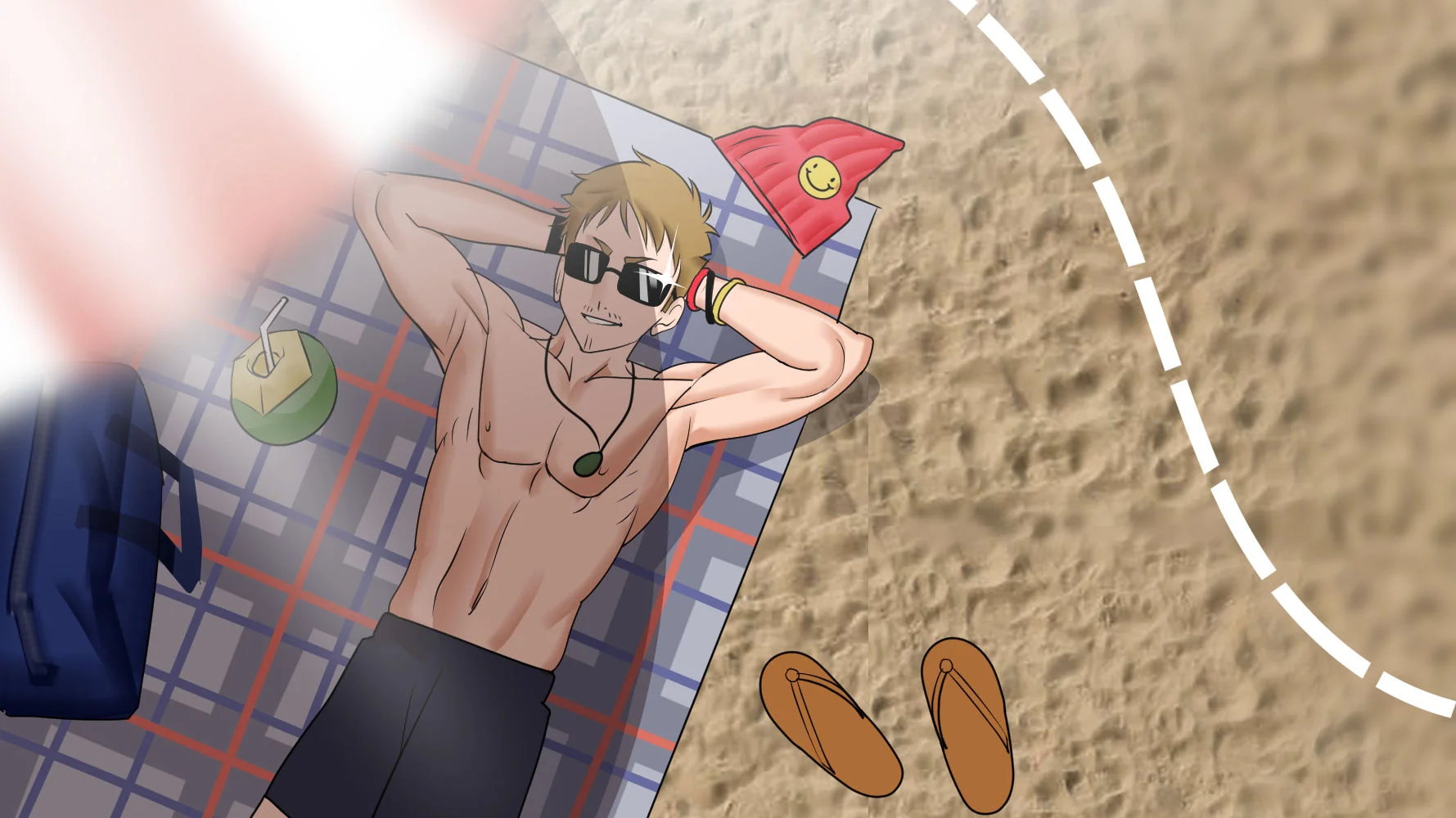 Man relaxing on a beach towel with a NIION bag beside him